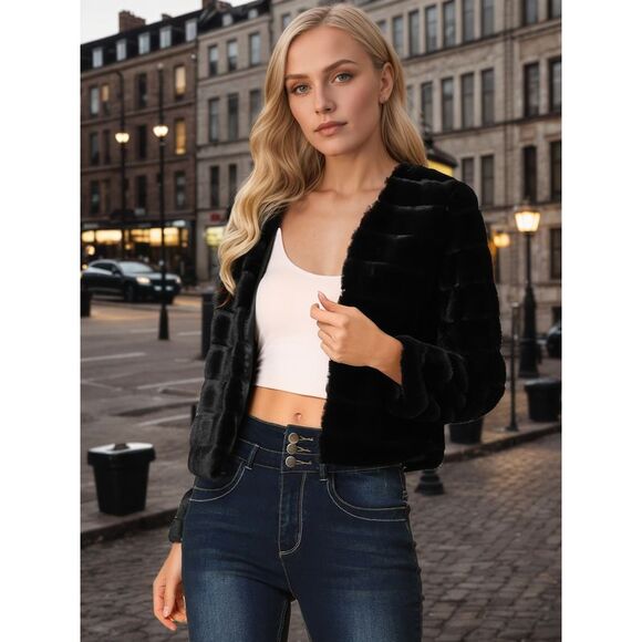 Winter Warm Cropped Jacket Collarless Faux Fur Fluffy Coat Black - Picture 3 of 6